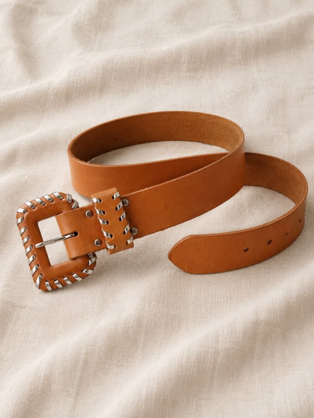 Accessories by Pearl Vintage Leather Whipstitch Wide Belt Tan Medium